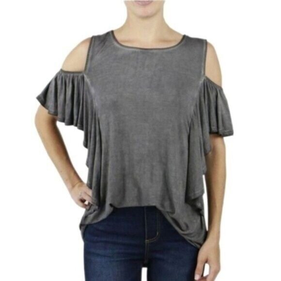 GRACE & LACE Burnout Cold-shoulder Ruffle Top Sz M - Picture 1 of 10